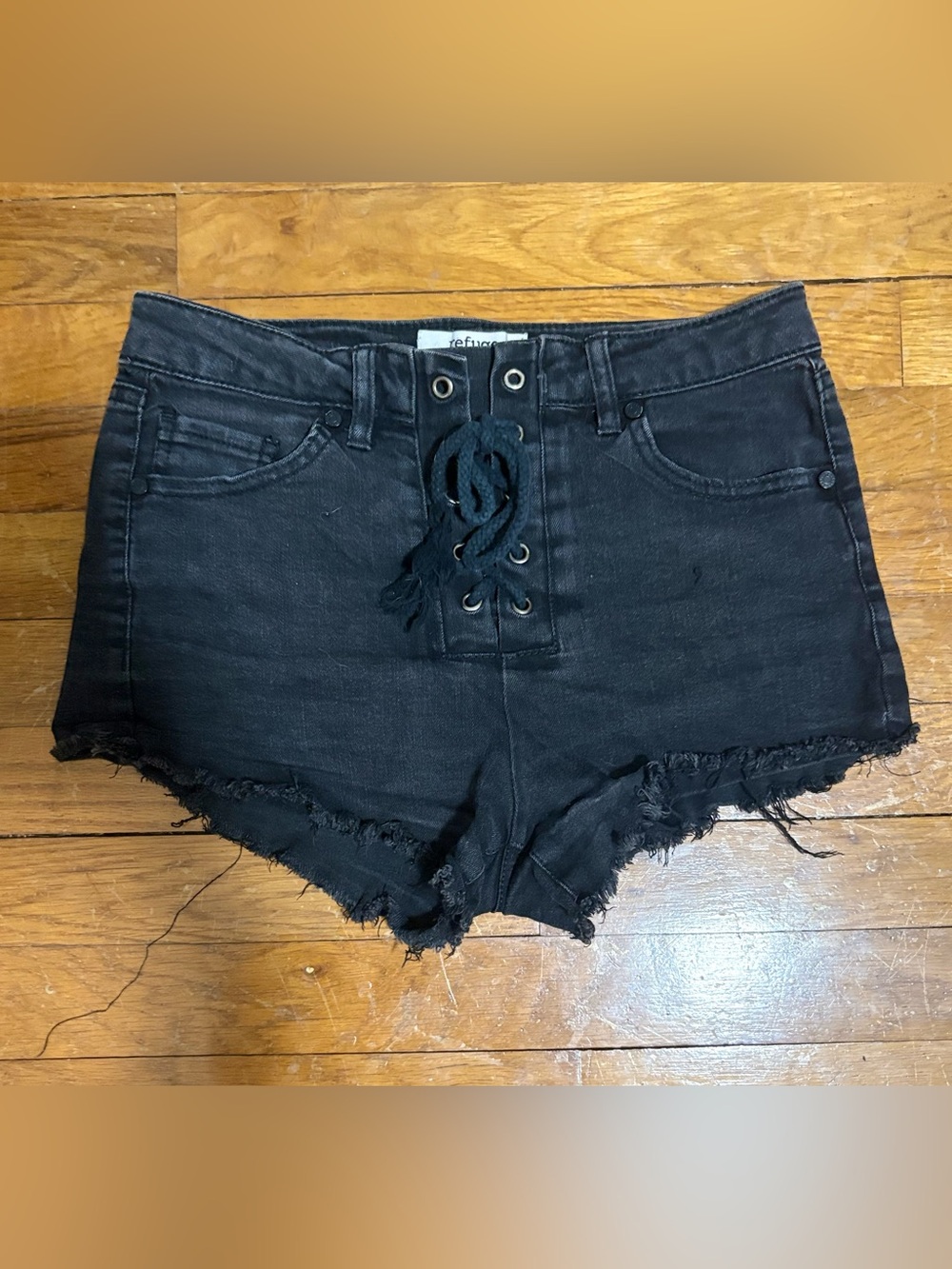 Refuge Black High-Rise Lace-Up Frayed Hem Denim Shorts